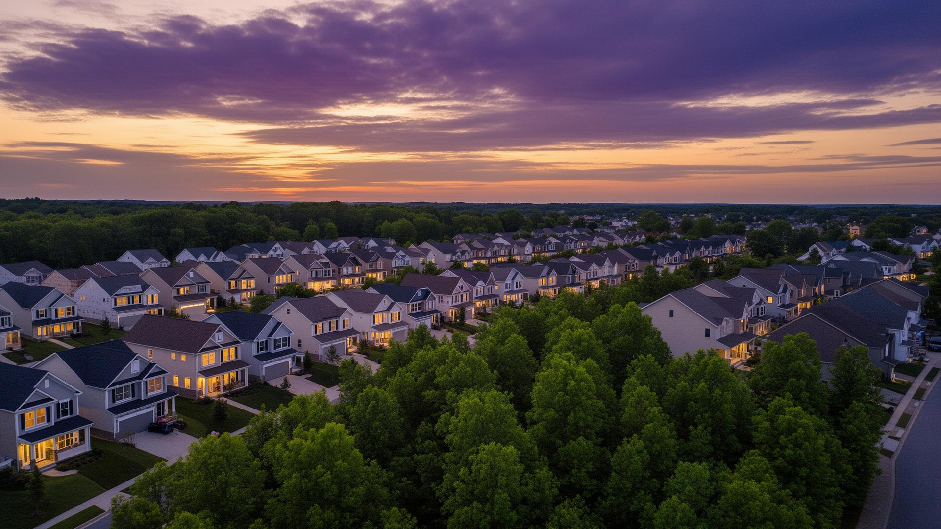 Aerial view of an American neighborhood at dusk